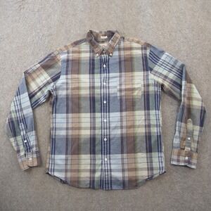J Crew Shirt Mens Large Blue Brown Button Plaid Indian Madras Long Sleeve Slim